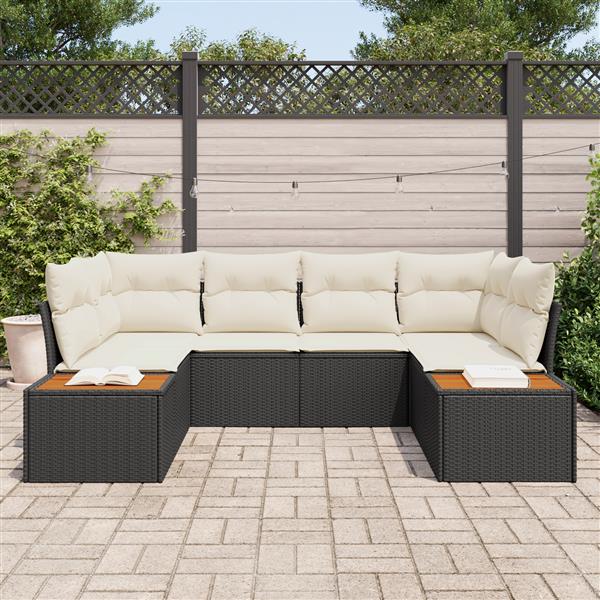 Grote foto vidaxl 6 delige tuinset met kussens in zwart poly rattan en acacia tuin en terras tuinmeubelen
