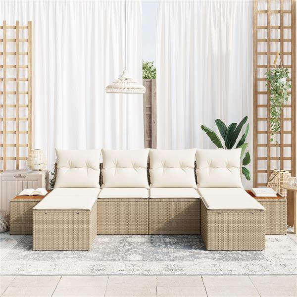 Grote foto vidaxl 6 delige tuinsofa set met kussens beige poly riet en acacia tuin en terras tuinmeubelen
