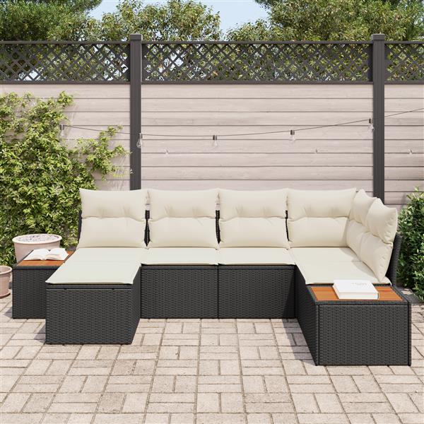 Grote foto vidaxl 6 delige tuinset met kussens in zwart poly rattan en acacia tuin en terras tuinmeubelen