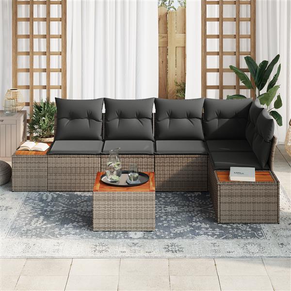 Grote foto vidaxl 6 delige tuinsofa set met kussens grijs poly rattan en acaciahout tuin en terras tuinmeubelen
