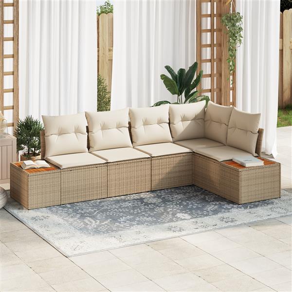 Grote foto vidaxl 5 delige tuinmeubelset met kussens in beige van poly rattan en acacia tuin en terras tuinmeubelen