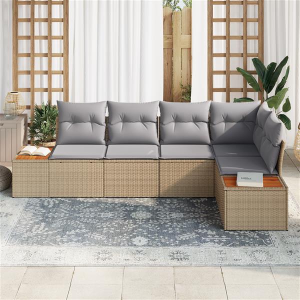 Grote foto vidaxl 5 delige ligbedset met kussens beige poly rattan acacia tuin en terras tuinmeubelen