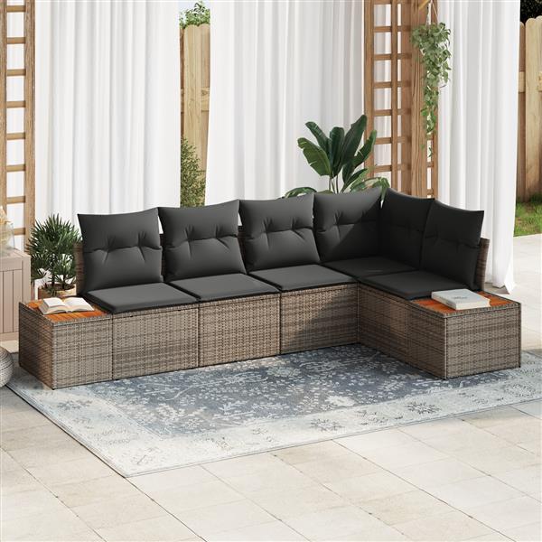 Grote foto vidaxl 5 delige tuinsofa set met kussens van grijs poly rattan en acacia tuin en terras tuinmeubelen