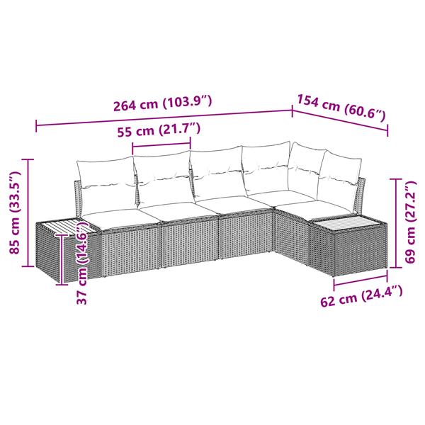 Grote foto vidaxl 5 delige tuinsofa set met kussens van grijs poly rattan en acacia tuin en terras tuinmeubelen