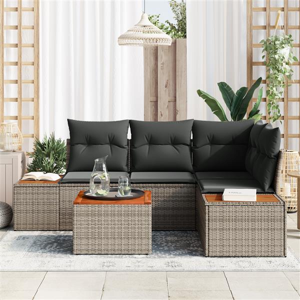Grote foto vidaxl 5 delige tuinset met kussens in grijs poly rattan en acacia tuin en terras tuinmeubelen