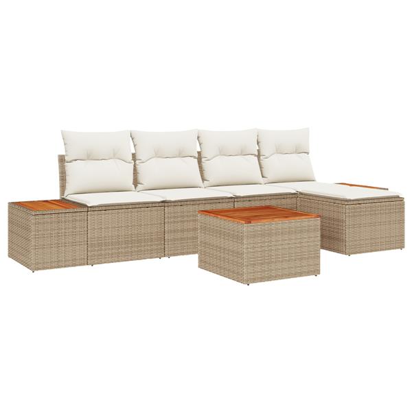 Grote foto vidaxl 6 delige tuinbankset met kussens beige poly rattan en acacia tuin en terras tuinmeubelen
