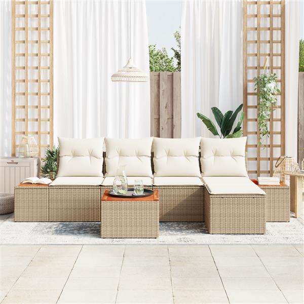 Grote foto vidaxl 6 delige tuinbankset met kussens beige poly rattan en acacia tuin en terras tuinmeubelen