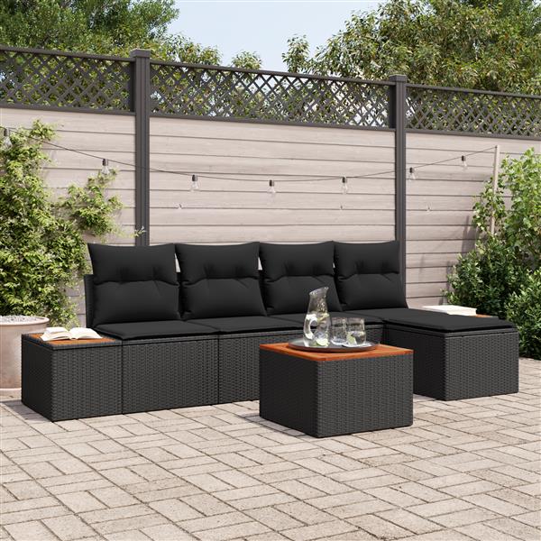 Grote foto vidaxl 6 delige tuinbankset met kussens zwart poly rattan acaciahout tuin en terras tuinmeubelen