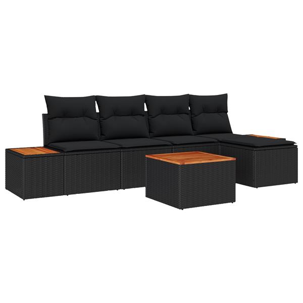 Grote foto vidaxl 6 delige tuinbankset met kussens zwart poly rattan acaciahout tuin en terras tuinmeubelen