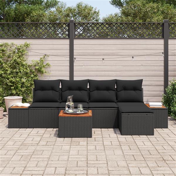 Grote foto vidaxl 6 delige tuinbankset met kussens zwart poly rattan acaciahout tuin en terras tuinmeubelen