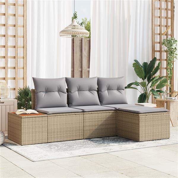 Grote foto vidaxl 4 delige tuinset met kussens in beige poly rattan en acacia tuin en terras tuinmeubelen