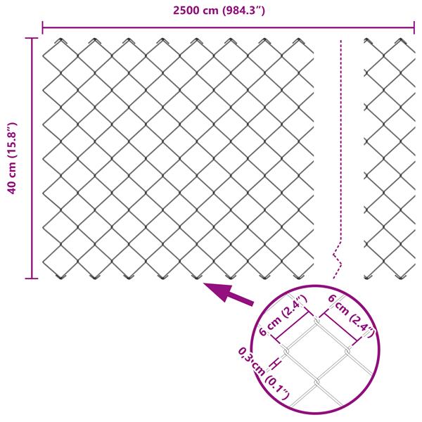 Grote foto vidaxl ketenlink hek grijs 0.4x25 m staal tuin en terras hekken en schuttingen