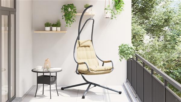 Grote foto vidaxl hangstoel met standaard en kussen beige staal tuin en terras tuinmeubelen