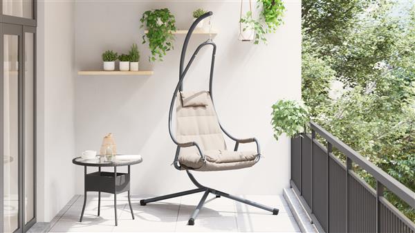 Grote foto vidaxl hangstoel met standaard en kussen taupe staal tuin en terras tuinmeubelen