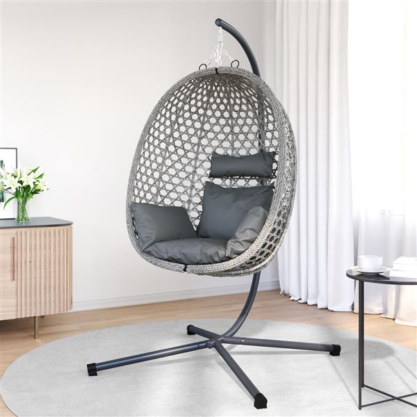 Grote foto vidaxl hangende eierenstoel mand met standaard grijs poly rattan tuin en terras tuinmeubelen