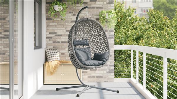 Grote foto vidaxl hangende eierenstoel mand met standaard grijs poly rattan tuin en terras tuinmeubelen