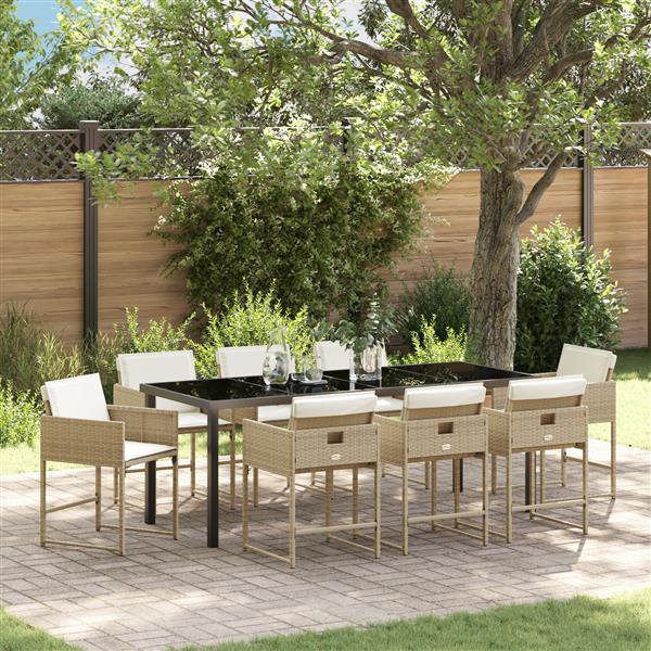 Grote foto vidaxl 9 delige tuin eettafelset met kussens beige poly rattan tuin en terras tuinmeubelen