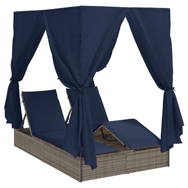 Grote foto vidaxl dubbel ligbed met dak en gordijnen grijs poly rattan tuin en terras tuinmeubelen