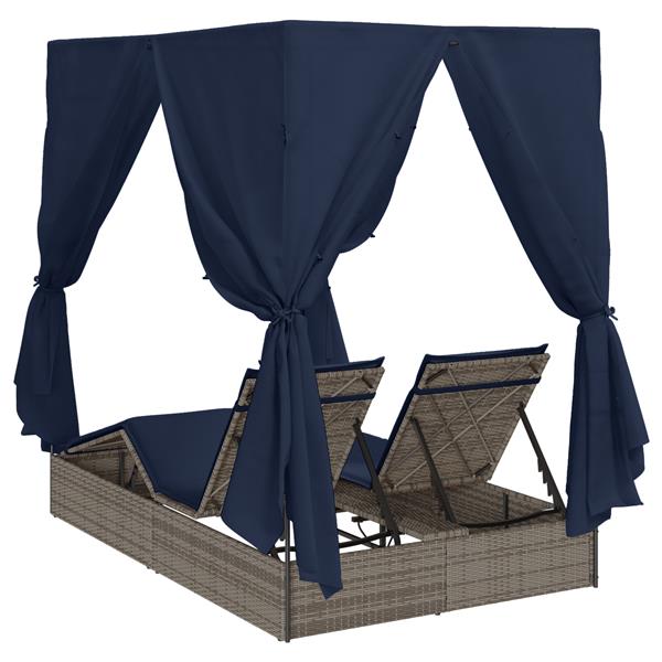 Grote foto vidaxl dubbel ligbed met dak en gordijnen grijs poly rattan tuin en terras tuinmeubelen