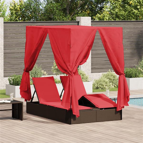 Grote foto vidaxl ligbed met dak en gordijnen bruin 200x130x185 cm van poly rattan tuin en terras tuinmeubelen