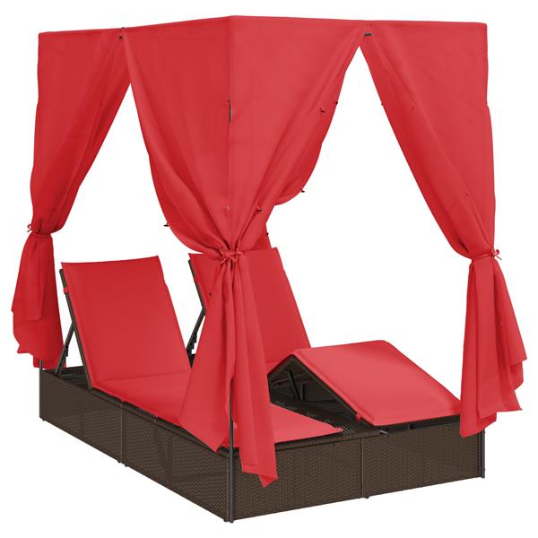 Grote foto vidaxl ligbed met dak en gordijnen bruin 200x130x185 cm van poly rattan tuin en terras tuinmeubelen
