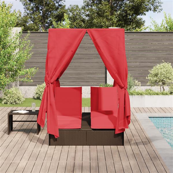 Grote foto vidaxl ligbed met dak en gordijnen bruin 200x130x185 cm van poly rattan tuin en terras tuinmeubelen