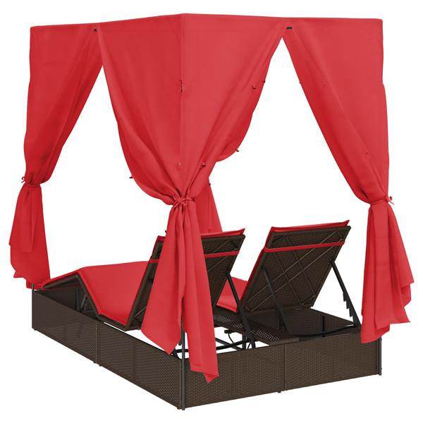 Grote foto vidaxl ligbed met dak en gordijnen bruin 200x130x185 cm van poly rattan tuin en terras tuinmeubelen