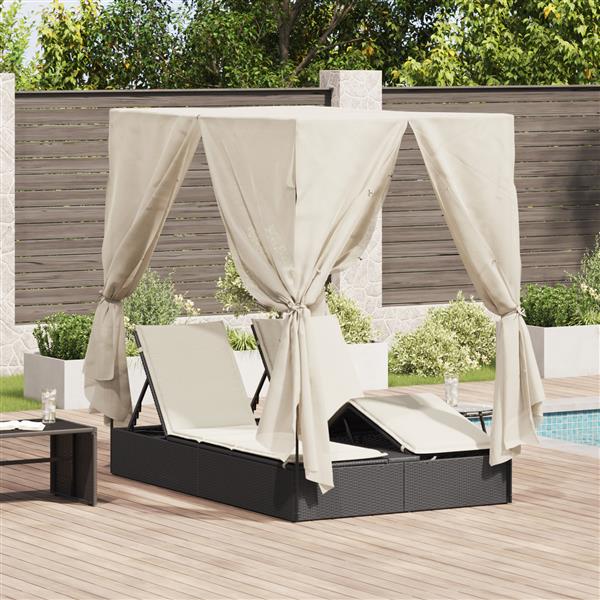Grote foto vidaxl dubbel ligbed met dak en gordijnen zwart poly rattan tuin en terras tuinmeubelen