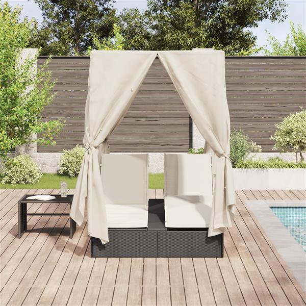 Grote foto vidaxl dubbel ligbed met dak en gordijnen zwart poly rattan tuin en terras tuinmeubelen