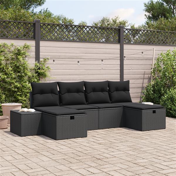 Grote foto vidaxl 6 delige tuinbankenset met kussens poly rattan zwart tuin en terras tuinmeubelen