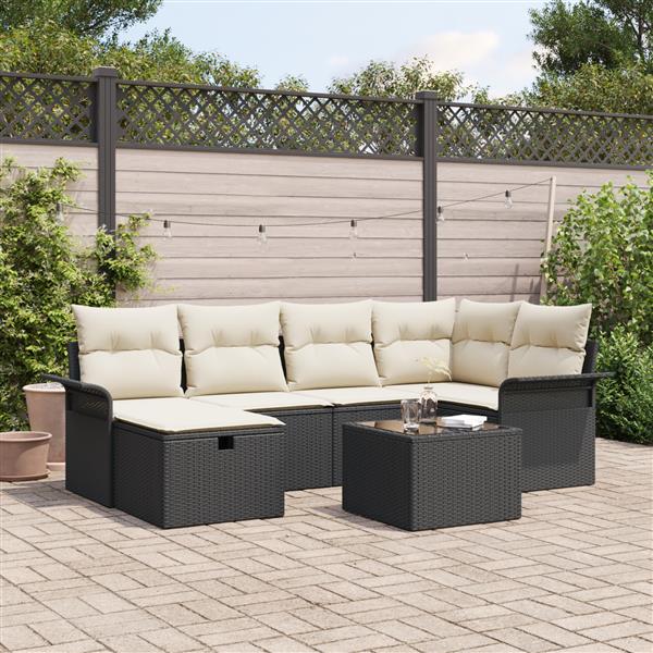 Grote foto vidaxl 7 delige tuinbankenset met kussens poly rattan zwart tuin en terras tuinmeubelen