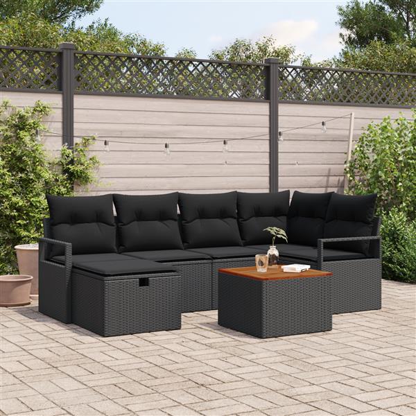 Grote foto vidaxl 7 delige tuinbankenset met kussens poly rattan zwart tuin en terras tuinmeubelen