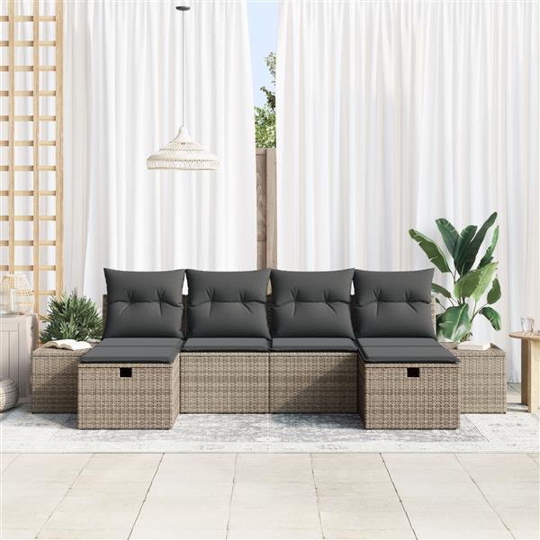Grote foto vidaxl 6 delige tuinbankset met kussens in het grijs van poly rattan tuin en terras tuinmeubelen