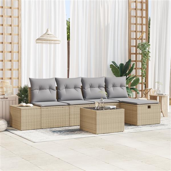 Grote foto vidaxl 6 delige tuinsofa set met kussens in het beige poly riet tuin en terras tuinmeubelen