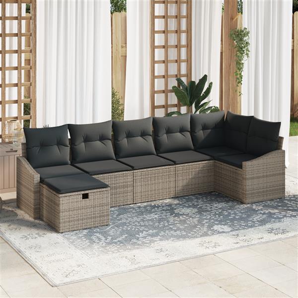 Grote foto vidaxl 7 delige tuinbankenset met kussens poly rattan grijs tuin en terras tuinmeubelen