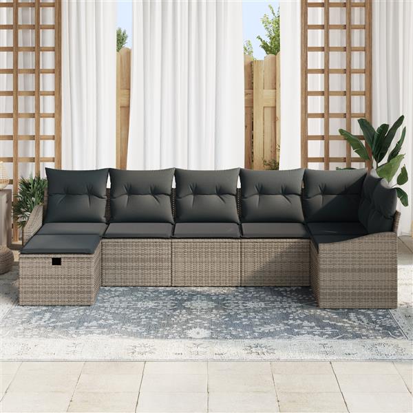 Grote foto vidaxl 7 delige tuinbankenset met kussens poly rattan grijs tuin en terras tuinmeubelen