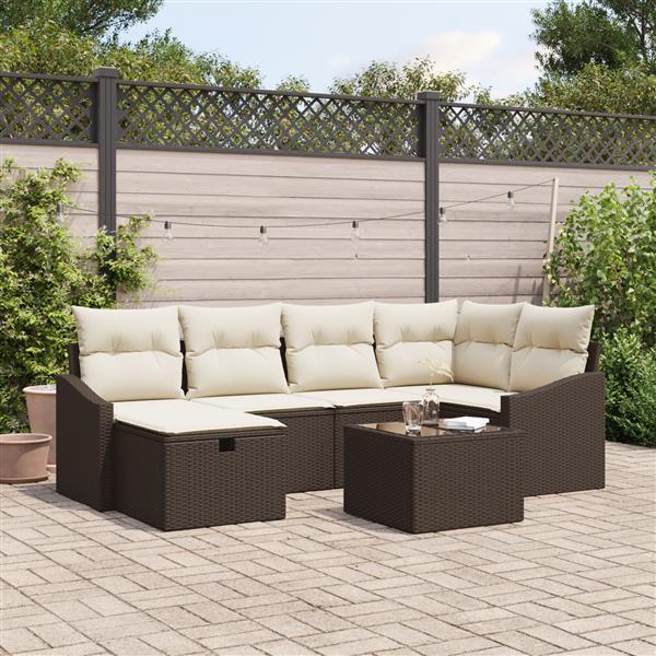 Grote foto vidaxl 7 delige tuinsalonset met kussens bruin poly rattan tuin en terras tuinmeubelen