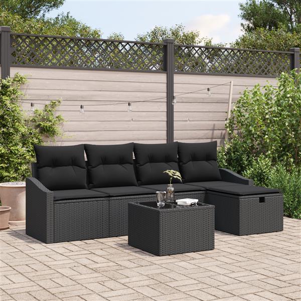 Grote foto vidaxl 6 delige tuinbankenset met kussens poly rattan zwart tuin en terras tuinmeubelen
