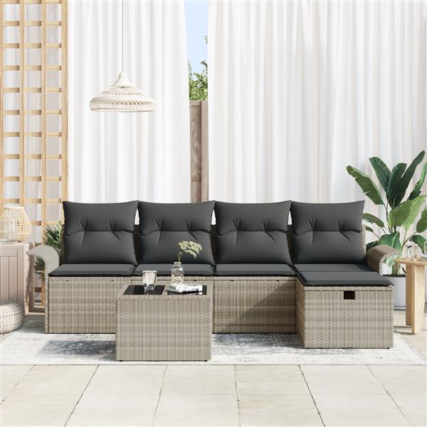 Grote foto vidaxl 6 delige tuinbankset met kussens in lichtgrijs poly rattan tuin en terras tuinmeubelen