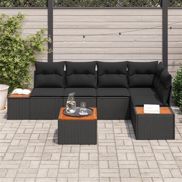Grote foto vidaxl 6 delige tuinbankenset met kussens poly rattan acacia zwart tuin en terras tuinmeubelen