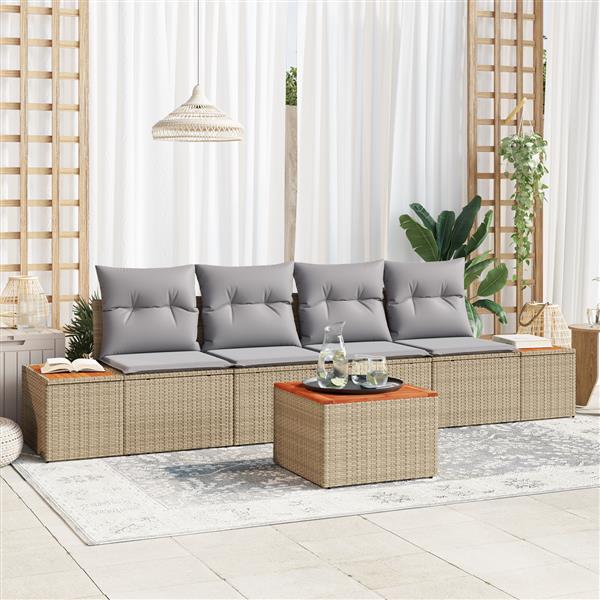 Grote foto vidaxl 5 delige tuinsofa set met kussens in beige van poly rattan en acacia tuin en terras tuinmeubelen