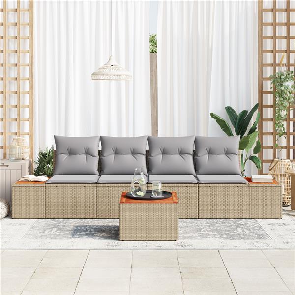 Grote foto vidaxl 5 delige tuinsofa set met kussens in beige van poly rattan en acacia tuin en terras tuinmeubelen