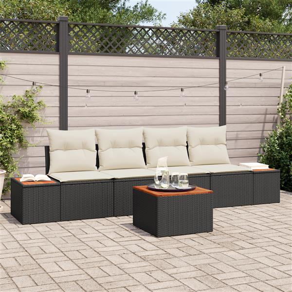 Grote foto vidaxl 5 delige tuinsofa set met kussens zwart poly rattan en acaciahout tuin en terras tuinmeubelen