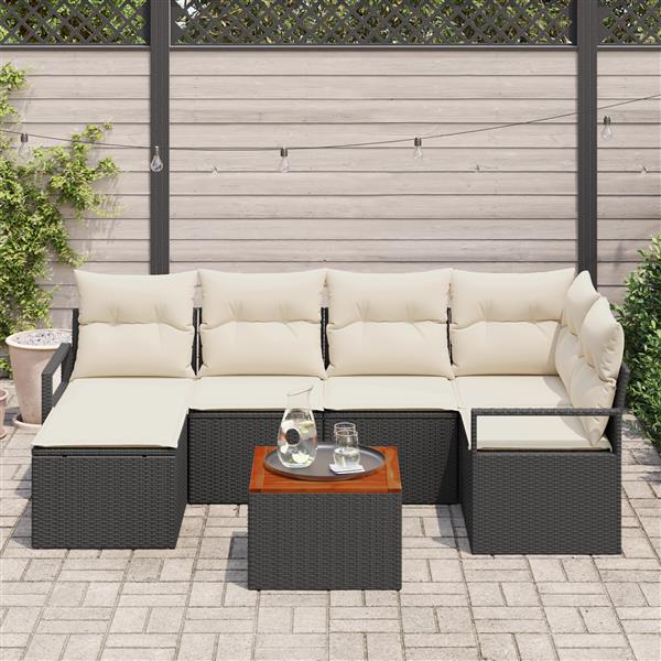 Grote foto vidaxl 7 delige tuinbankenset met kussens poly rattan acacia zwart tuin en terras tuinmeubelen