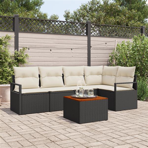 Grote foto vidaxl 6 delige tuinsofaset met kussens in zwart poly rattan en acacia tuin en terras tuinmeubelen