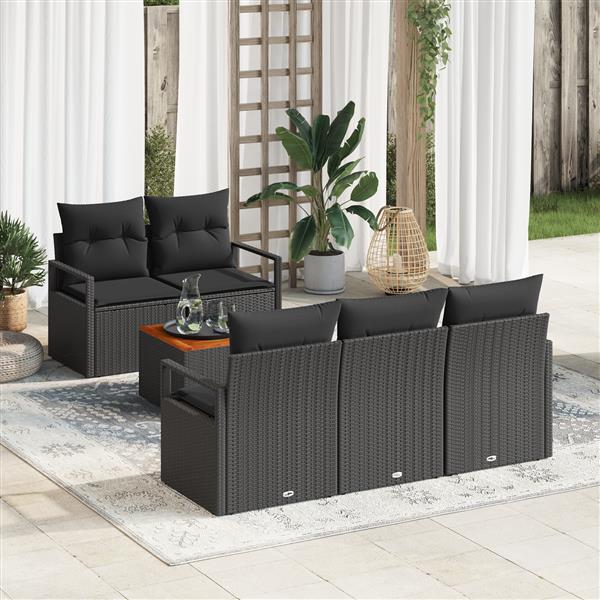 Grote foto vidaxl 6 delige tuinbankenset met kussens poly rattan acacia zwart tuin en terras tuinmeubelen