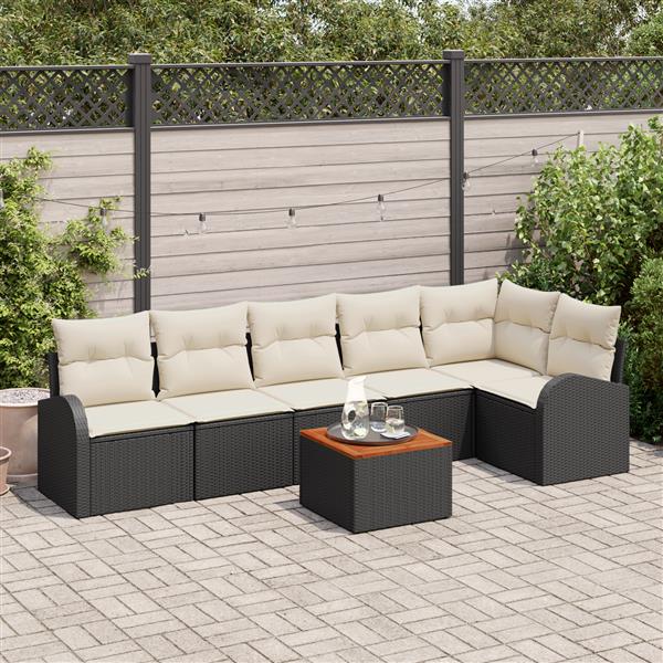 Grote foto vidaxl 7 delige tuinbankenset met kussens poly rattan acacia zwart tuin en terras tuinmeubelen