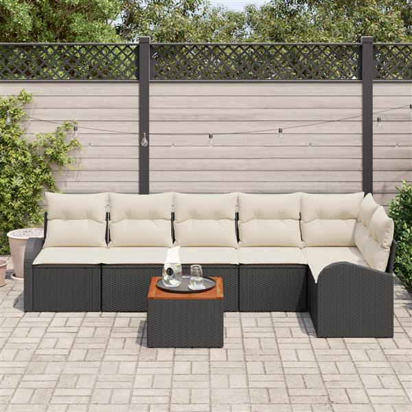 Grote foto vidaxl 7 delige tuinbankenset met kussens poly rattan acacia zwart tuin en terras tuinmeubelen