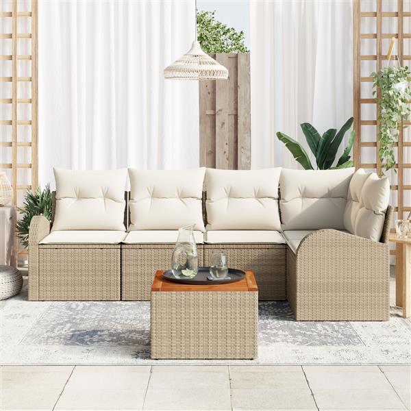 Grote foto vidaxl 6 delige tuinbankset met kussens in beige poly rattan en acacia tuin en terras tuinmeubelen