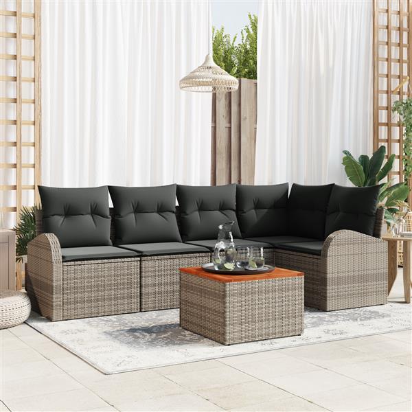 Grote foto vidaxl 6 delige tuinbankset met kussens grijs poly rattan en acacia tuin en terras tuinmeubelen